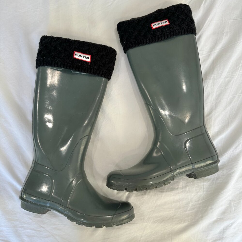 Gray gloss tall hunter boots with boot socks included Womens Size 10